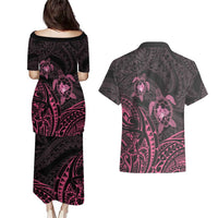 Pink Black Polynesia Floral Sea Turtle Couples Matching Puletasi and Hawaiian Shirt LT14 - Polynesian Pride