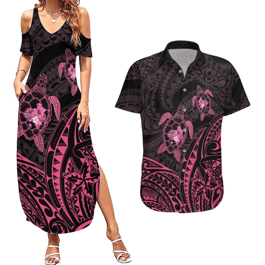 Pink Black Polynesia Floral Sea Turtle Couples Matching Summer Maxi Dress and Hawaiian Shirt - Polynesian Pride
