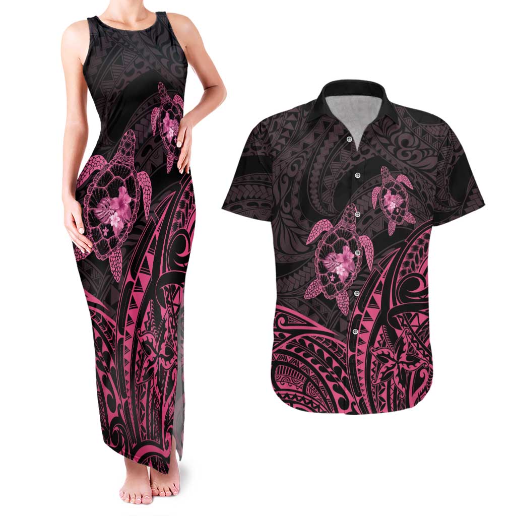 Pink Black Polynesia Floral Sea Turtle Couples Matching Tank Maxi Dress and Hawaiian Shirt - Polynesian Pride