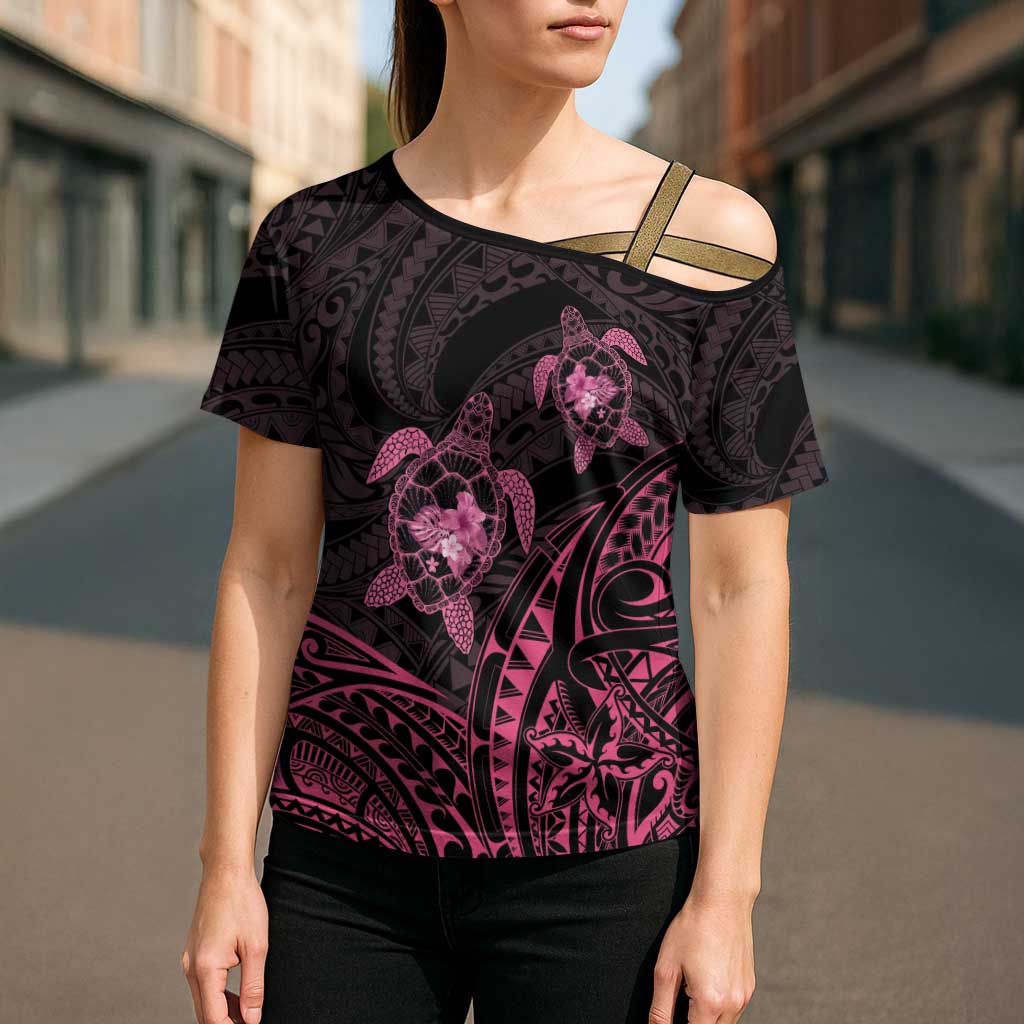 Pink Black Polynesia Floral Sea Turtle Cross Shoulder Shirt - Polynesian Pride