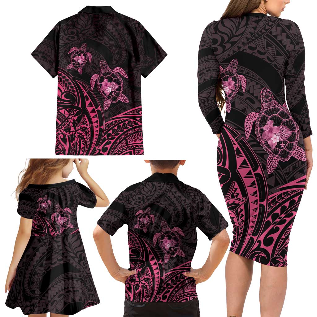 Pink Black Polynesia Floral Sea Turtle Family Matching Long Sleeve Bodycon Dress and Hawaiian Shirt - Polynesian Pride