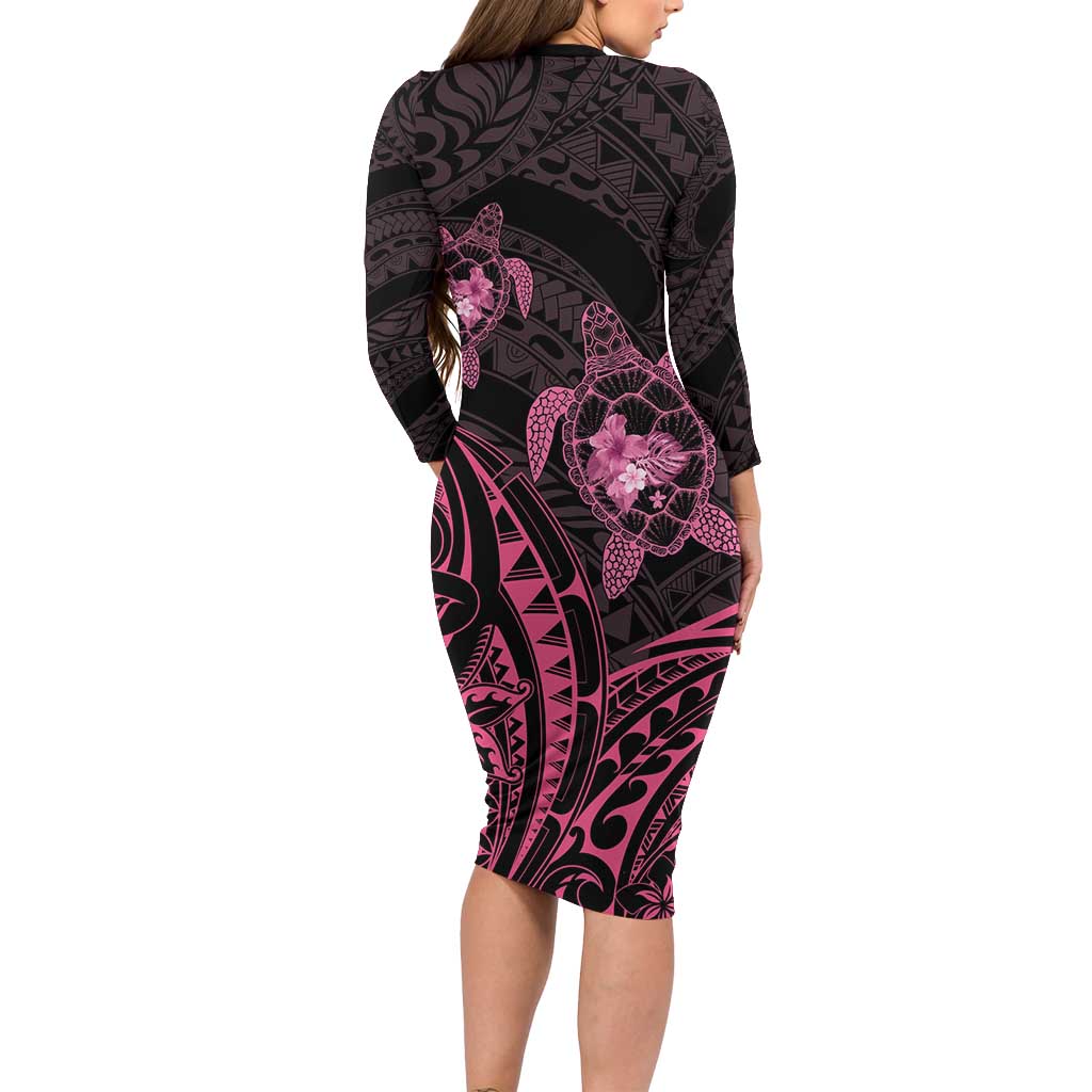 Pink Black Polynesia Floral Sea Turtle Family Matching Long Sleeve Bodycon Dress and Hawaiian Shirt - Polynesian Pride