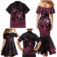 Pink Black Polynesia Floral Sea Turtle Family Matching Mermaid Dress and Hawaiian Shirt - Polynesian Pride