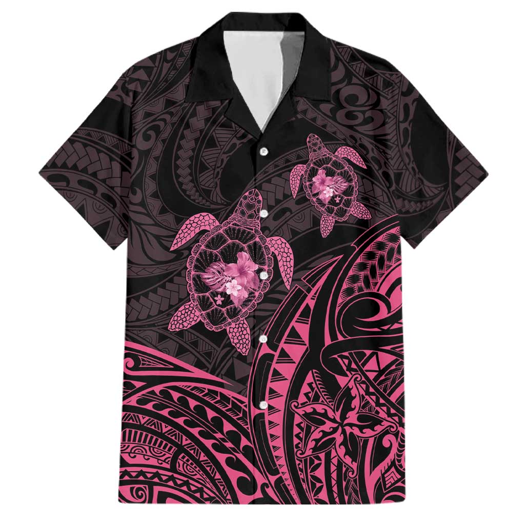 Pink Black Polynesia Floral Sea Turtle Family Matching Off The Shoulder Long Sleeve Dress and Hawaiian Shirt - Polynesian Pride