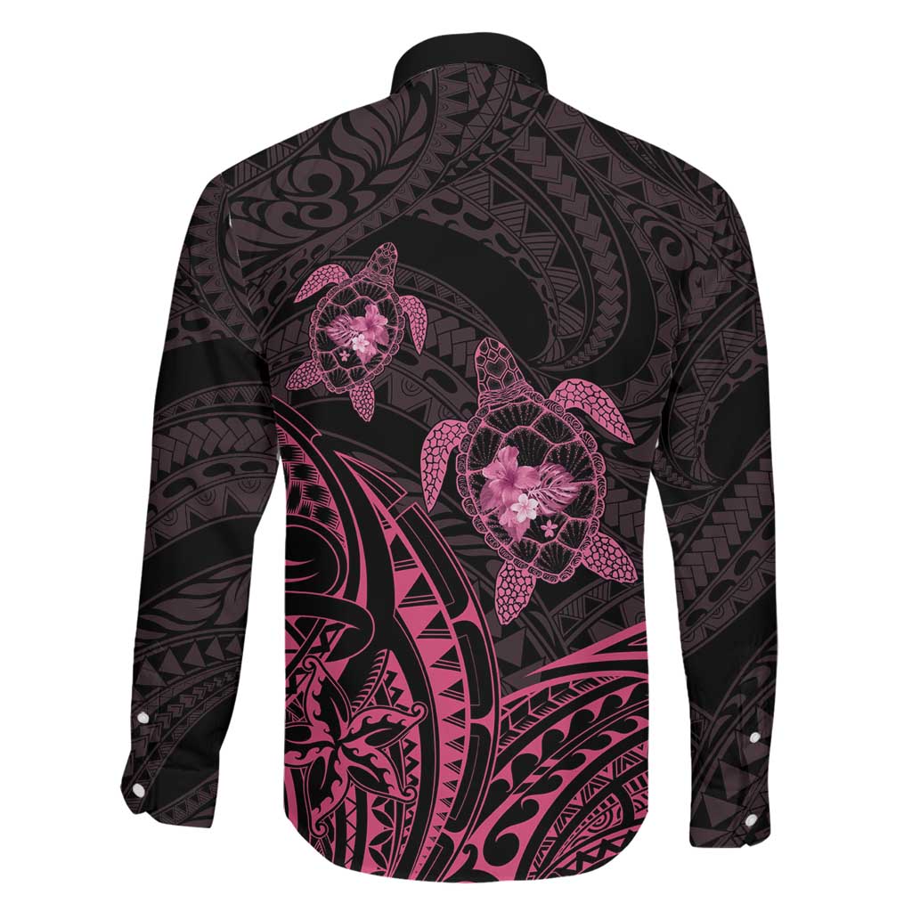 Pink Black Polynesia Floral Sea Turtle Family Matching Off The Shoulder Long Sleeve Dress and Hawaiian Shirt - Polynesian Pride
