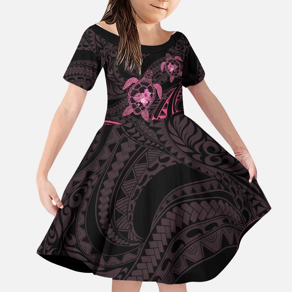 Pink Black Polynesia Floral Sea Turtle Family Matching Off Shoulder Short Dress and Hawaiian Shirt - Polynesian Pride