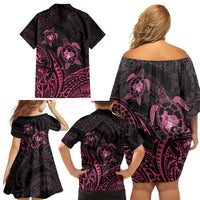 Pink Black Polynesia Floral Sea Turtle Family Matching Off Shoulder Short Dress and Hawaiian Shirt - Polynesian Pride