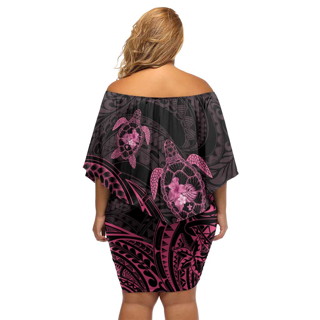 Pink Black Polynesia Floral Sea Turtle Family Matching Off Shoulder Short Dress and Hawaiian Shirt - Polynesian Pride