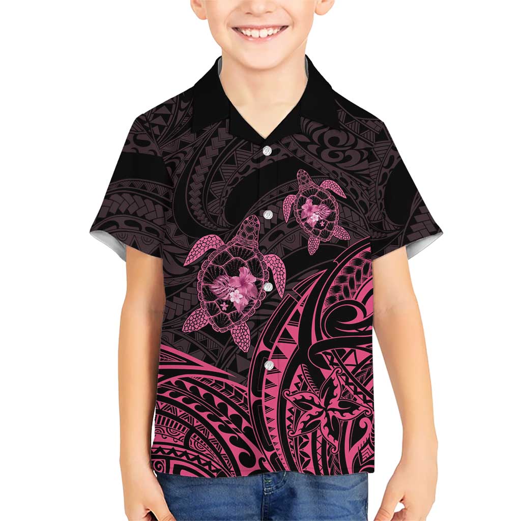 Pink Black Polynesia Floral Sea Turtle Family Matching Off Shoulder Short Dress and Hawaiian Shirt - Polynesian Pride