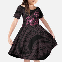 Pink Black Polynesia Floral Sea Turtle Family Matching Short Sleeve Bodycon Dress and Hawaiian Shirt - Polynesian Pride