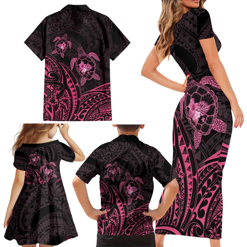 Pink Black Polynesia Floral Sea Turtle Family Matching Short Sleeve Bodycon Dress and Hawaiian Shirt - Polynesian Pride