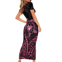 Pink Black Polynesia Floral Sea Turtle Family Matching Short Sleeve Bodycon Dress and Hawaiian Shirt - Polynesian Pride