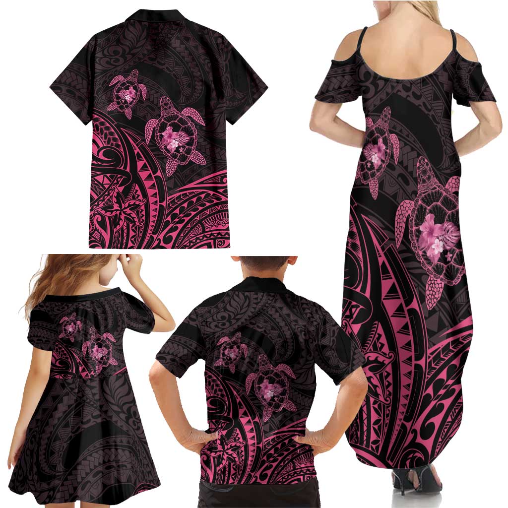 Pink Black Polynesia Floral Sea Turtle Family Matching Summer Maxi Dress and Hawaiian Shirt - Polynesian Pride