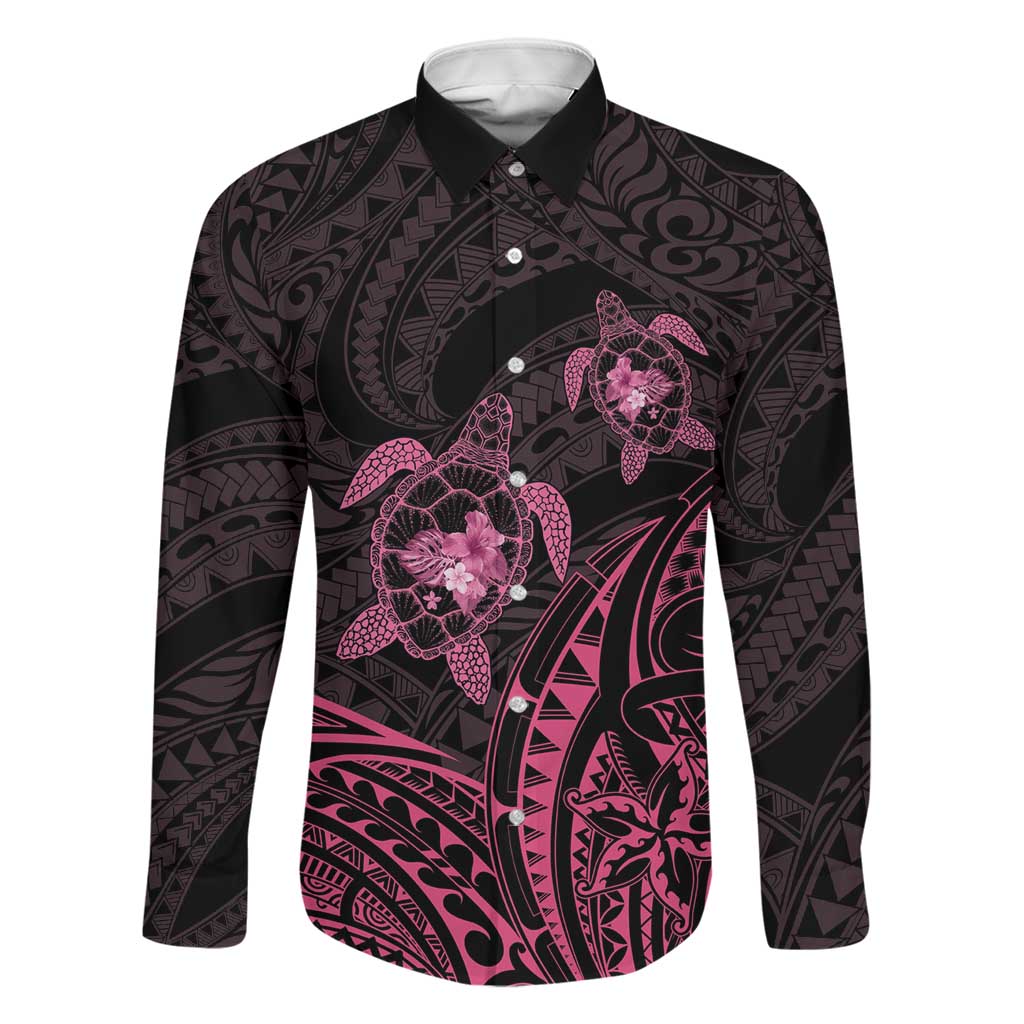 Pink Black Polynesia Floral Sea Turtle Family Matching Tank Maxi Dress and Hawaiian Shirt - Polynesian Pride
