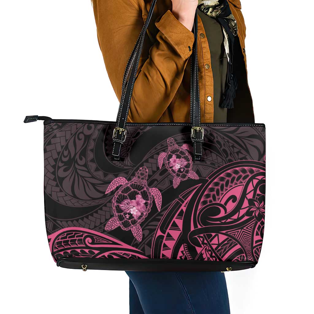 Pink Black Polynesia Floral Sea Turtle Leather Tote Bag - Polynesian Pride