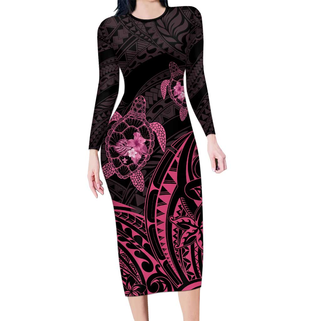 Pink Black Polynesia Floral Sea Turtle Long Sleeve Bodycon Dress - Polynesian Pride