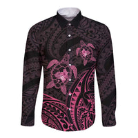 Pink Black Polynesia Floral Sea Turtle Long Sleeve Button Shirt - Polynesian Pride