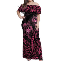 Pink Black Polynesia Floral Sea Turtle Off Shoulder Maxi Dress - Polynesian Pride