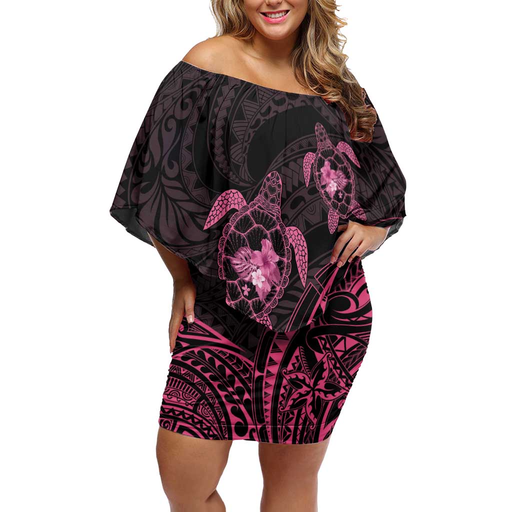 Pink Black Polynesia Floral Sea Turtle Off Shoulder Short Dress - Polynesian Pride