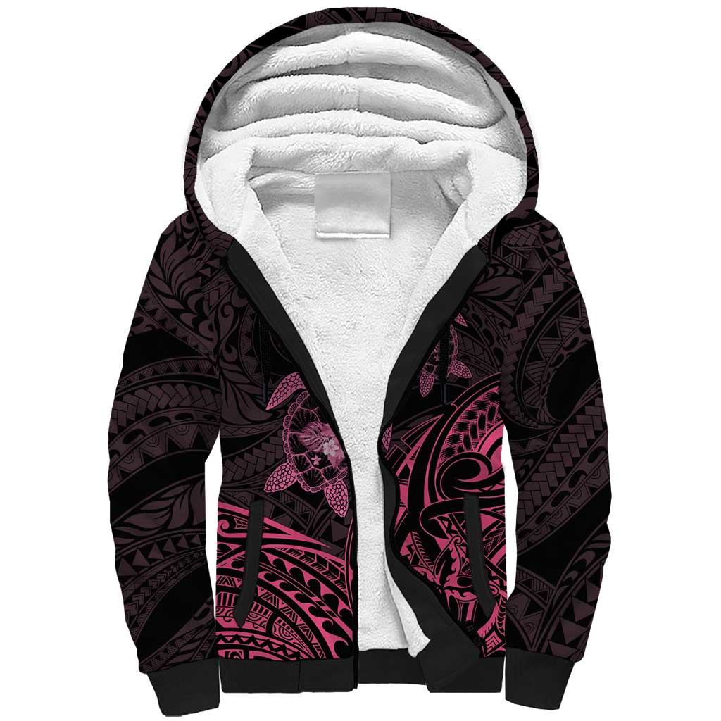 Pink Black Polynesia Floral Sea Turtle Sherpa Hoodie - Polynesian Pride