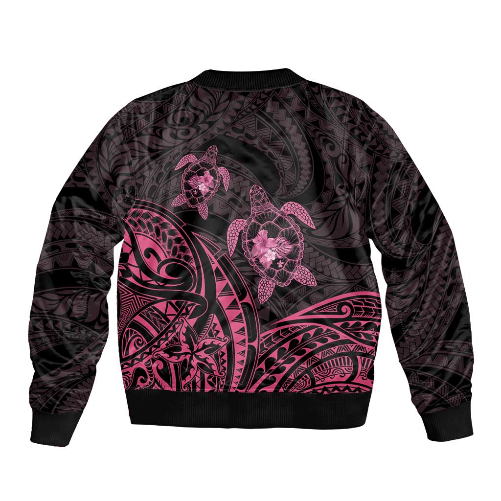 Pink Black Polynesia Floral Sea Turtle Sleeve Zip Bomber Jacket - Polynesian Pride