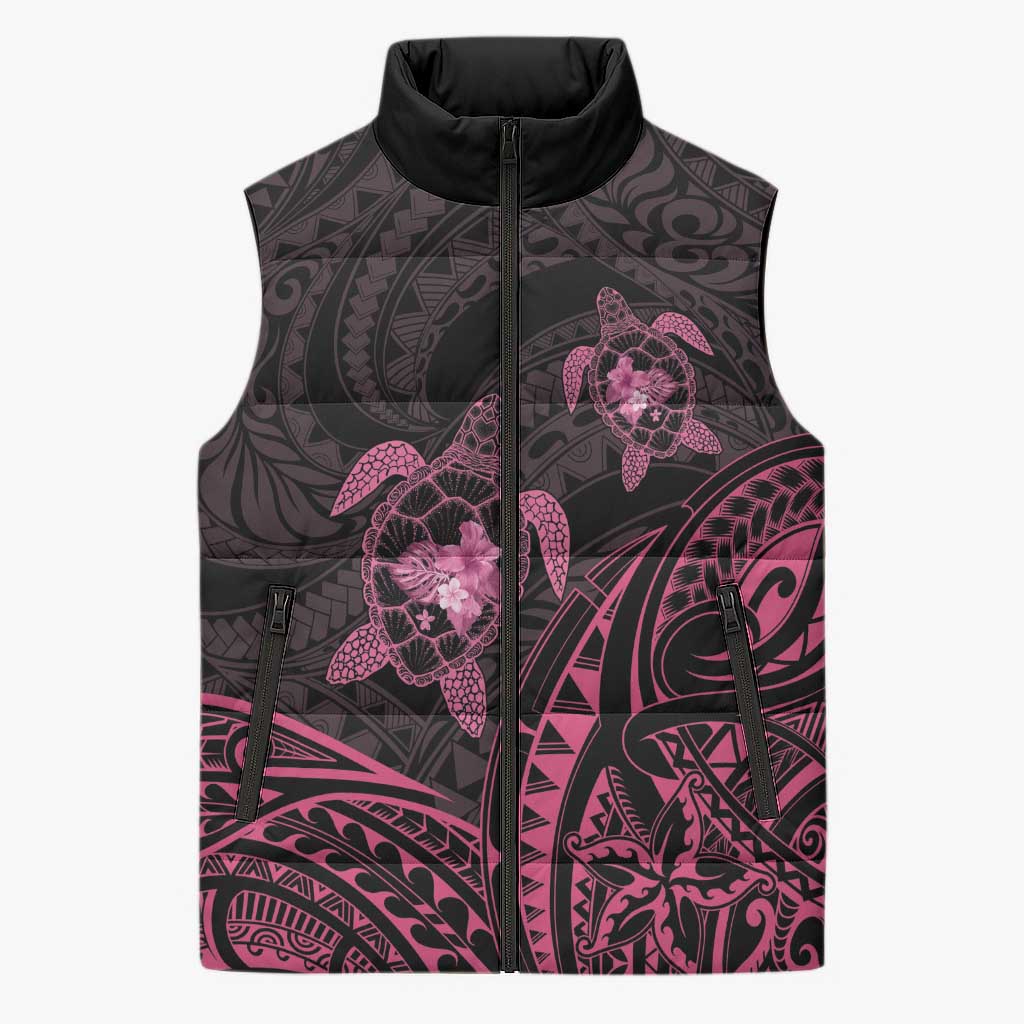 Pink Black Polynesia Floral Sea Turtle Sleeveless Puffer Jacket - Polynesian Pride