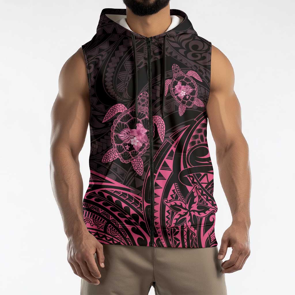 Pink Black Polynesia Floral Sea Turtle Sleeveless Zip Hoodie - Polynesian Pride
