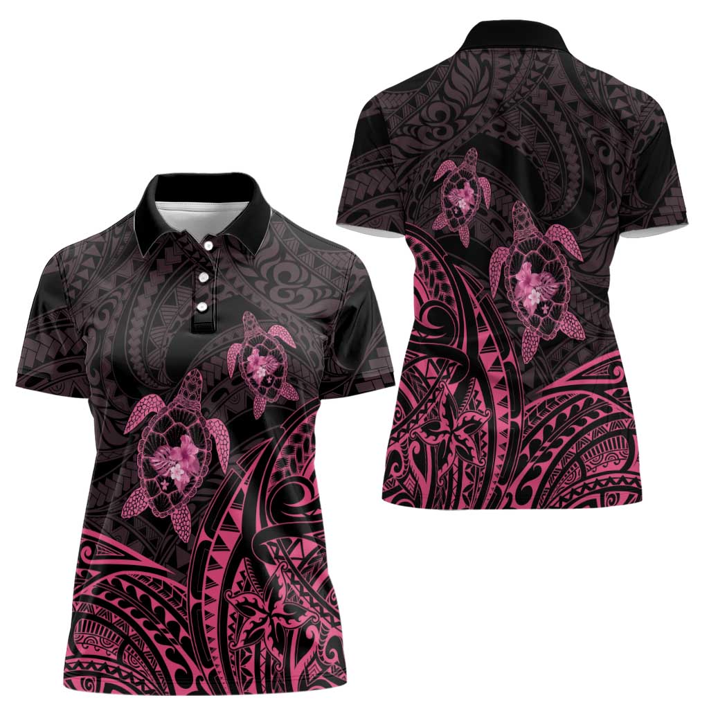 Pink Black Polynesia Floral Sea Turtle Women Polo Shirt - Polynesian Pride