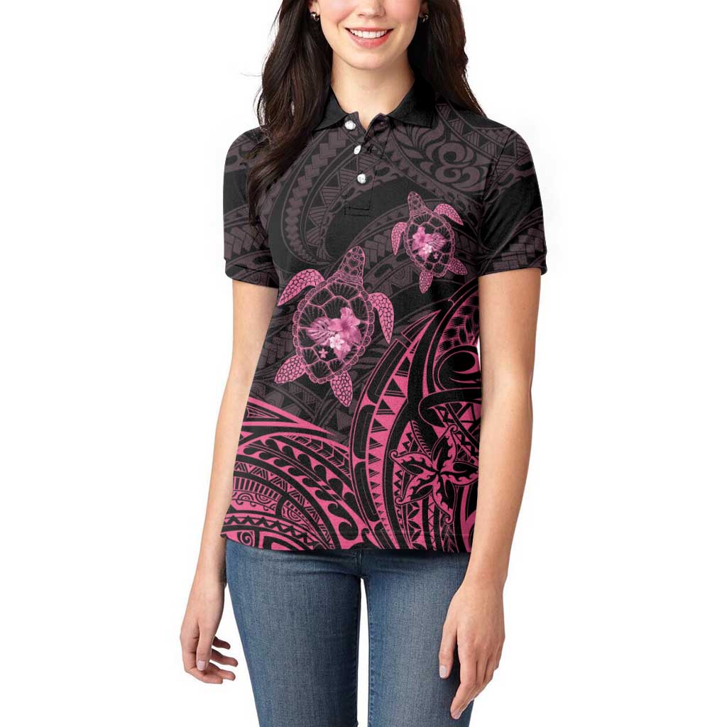 Pink Black Polynesia Floral Sea Turtle Women Polo Shirt - Polynesian Pride