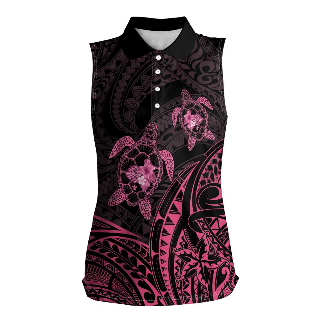 Pink Black Polynesia Floral Sea Turtle Women Sleeveless Polo Shirt LT14 Female Black - Polynesian Pride