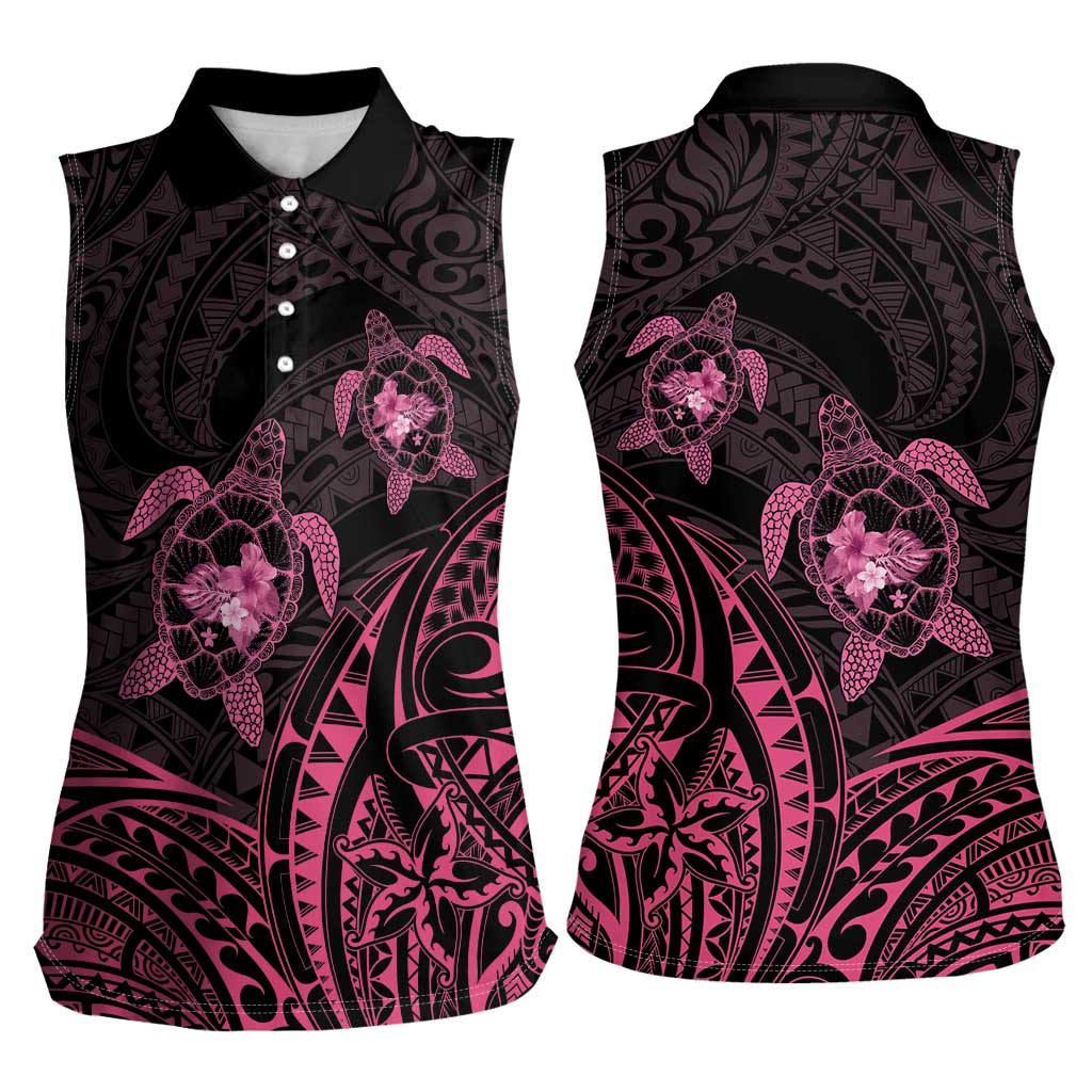 Pink Black Polynesia Floral Sea Turtle Women Sleeveless Polo Shirt LT14 - Polynesian Pride