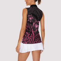 Pink Black Polynesia Floral Sea Turtle Women Sleeveless Polo Shirt LT14 - Polynesian Pride