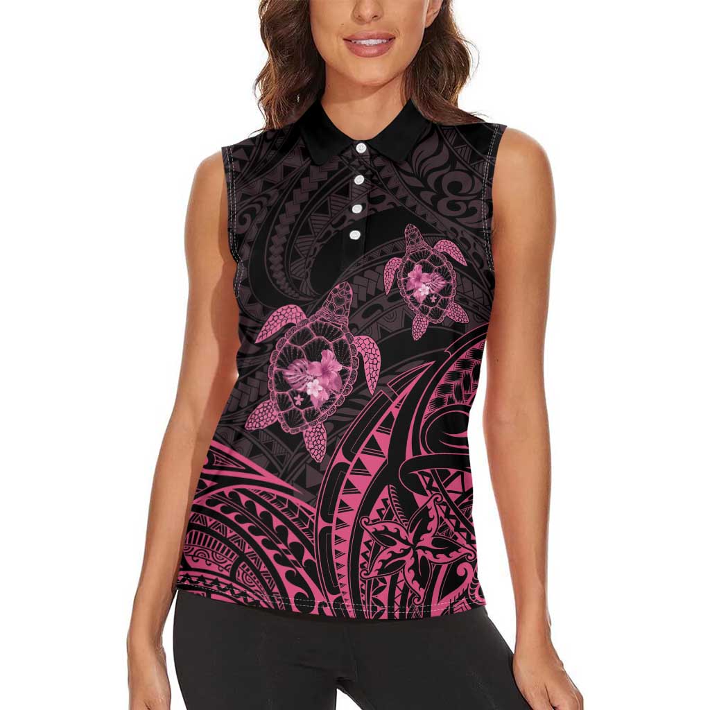 Pink Black Polynesia Floral Sea Turtle Women Sleeveless Polo Shirt LT14 - Polynesian Pride