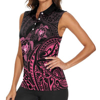 Pink Black Polynesia Floral Sea Turtle Women Sleeveless Polo Shirt LT14 - Polynesian Pride