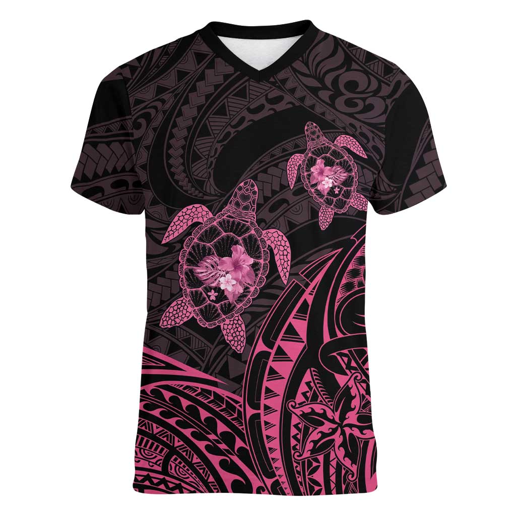 Pink Black Polynesia Floral Sea Turtle Women V-Neck T-Shirt - Polynesian Pride