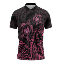 Pink Black Polynesia Floral Sea Turtle Zipper Polo Shirt - Polynesian Pride