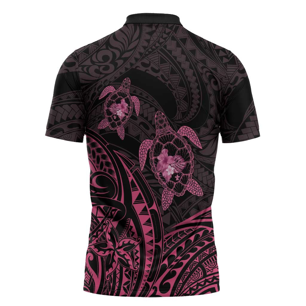 Pink Black Polynesia Floral Sea Turtle Zipper Polo Shirt - Polynesian Pride