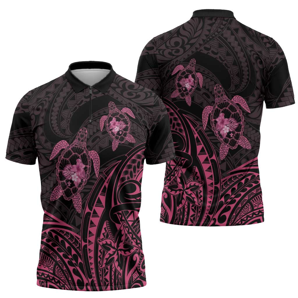 Pink Black Polynesia Floral Sea Turtle Zipper Polo Shirt - Polynesian Pride