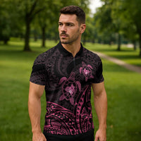 Pink Black Polynesia Floral Sea Turtle Zipper Polo Shirt - Polynesian Pride