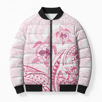Pink White Polynesia Floral Sea Turtle Bomber Puffer Jacket - Polynesian Pride