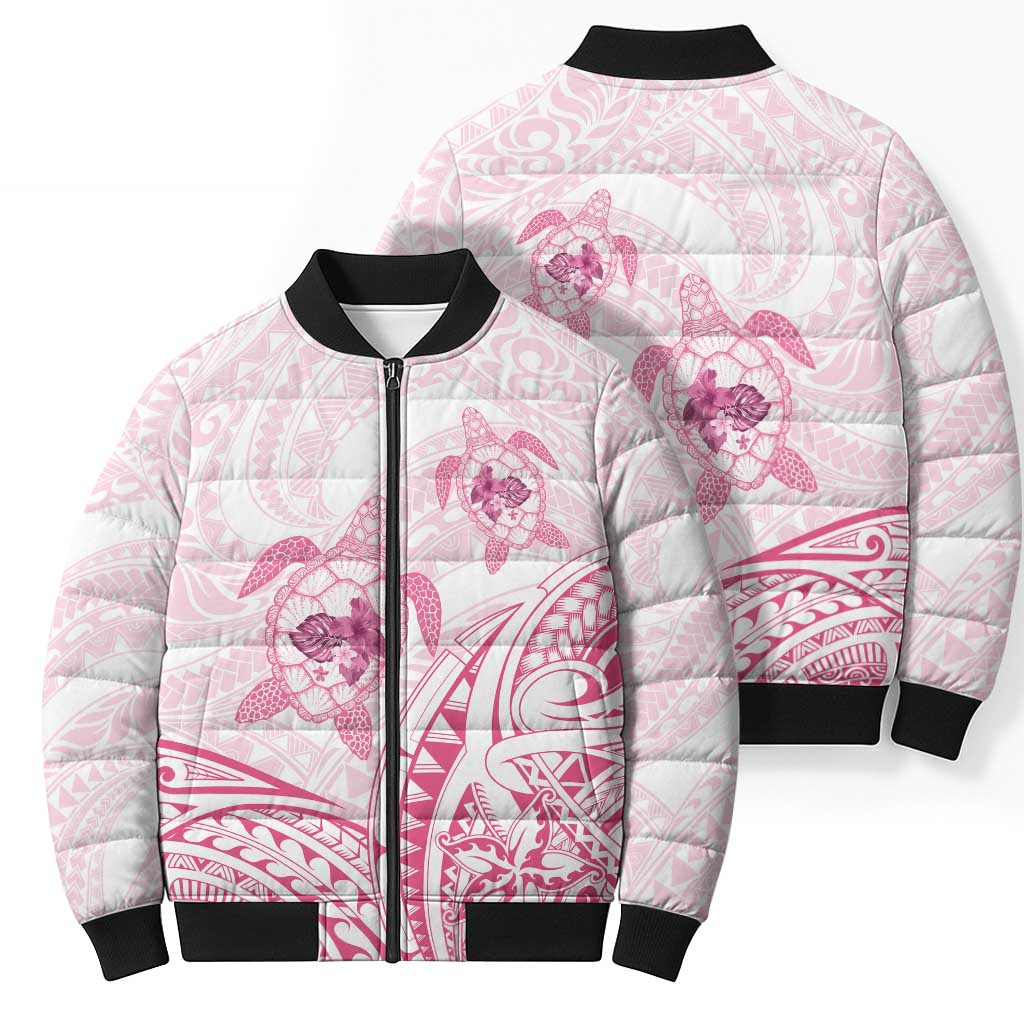 Pink White Polynesia Floral Sea Turtle Bomber Puffer Jacket - Polynesian Pride