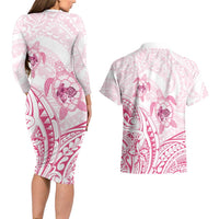 Pink White Polynesia Floral Sea Turtle Couples Matching Long Sleeve Bodycon Dress and Hawaiian Shirt LT14 - Polynesian Pride