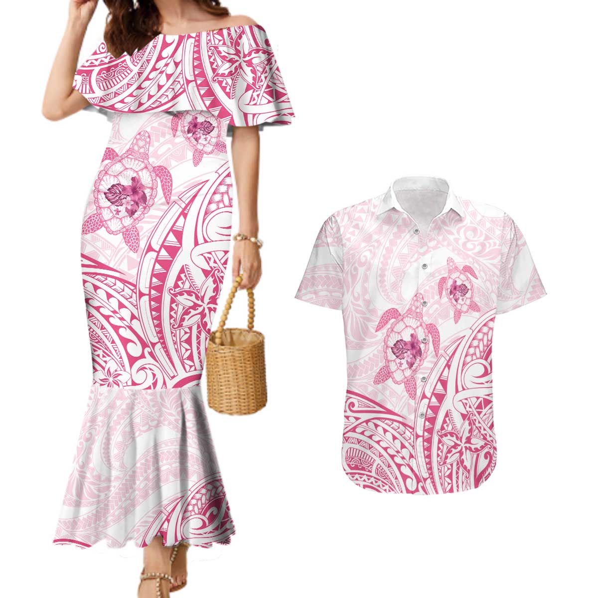 Pink White Polynesia Floral Sea Turtle Couples Matching Mermaid Dress and Hawaiian Shirt LT14 White - Polynesian Pride