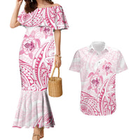 Pink White Polynesia Floral Sea Turtle Couples Matching Mermaid Dress and Hawaiian Shirt LT14 White - Polynesian Pride