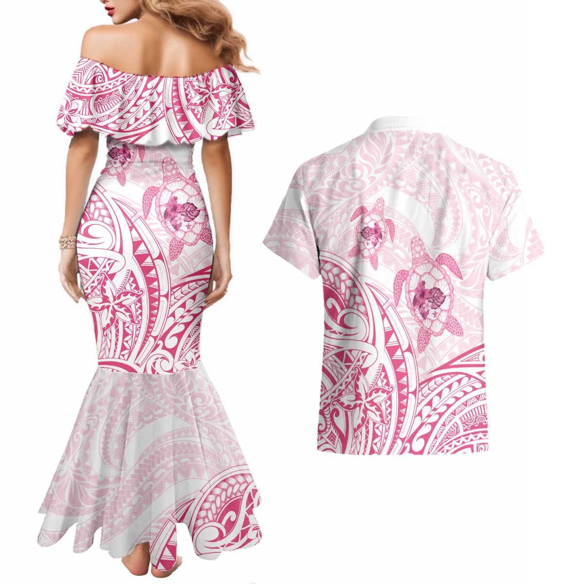 Pink White Polynesia Floral Sea Turtle Couples Matching Mermaid Dress and Hawaiian Shirt LT14 - Polynesian Pride