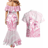 Pink White Polynesia Floral Sea Turtle Couples Matching Mermaid Dress and Hawaiian Shirt LT14 - Polynesian Pride