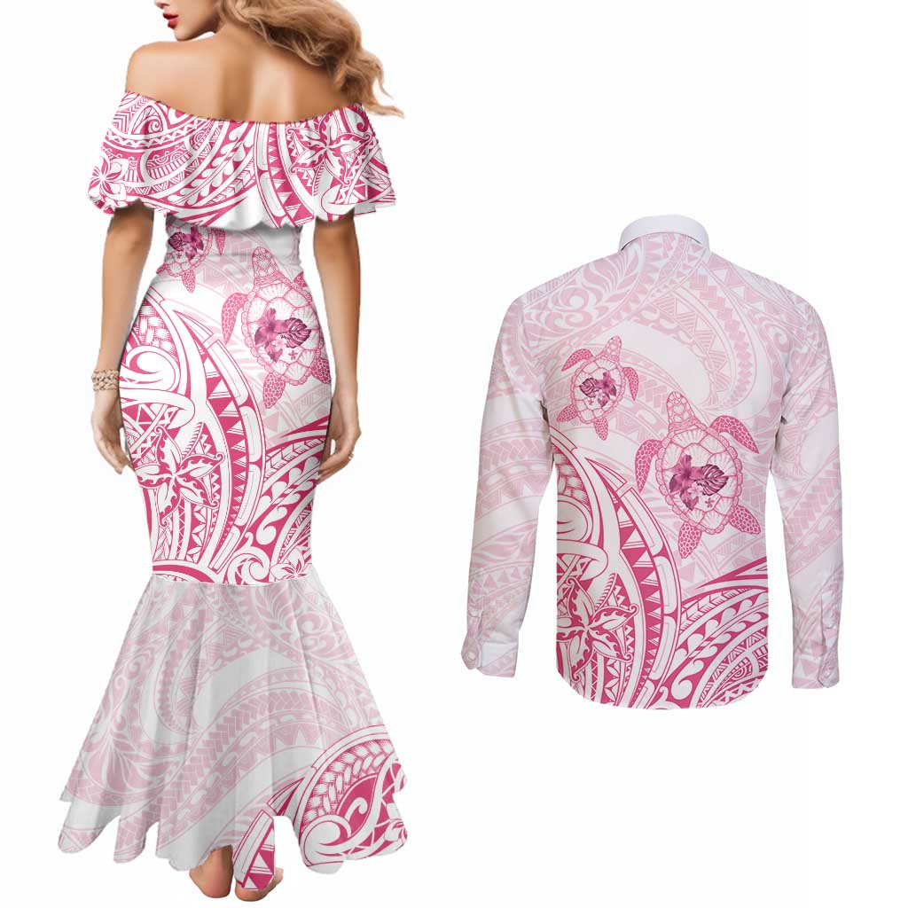 Pink White Polynesia Floral Sea Turtle Couples Matching Mermaid Dress and Long Sleeve Button Shirt - Polynesian Pride