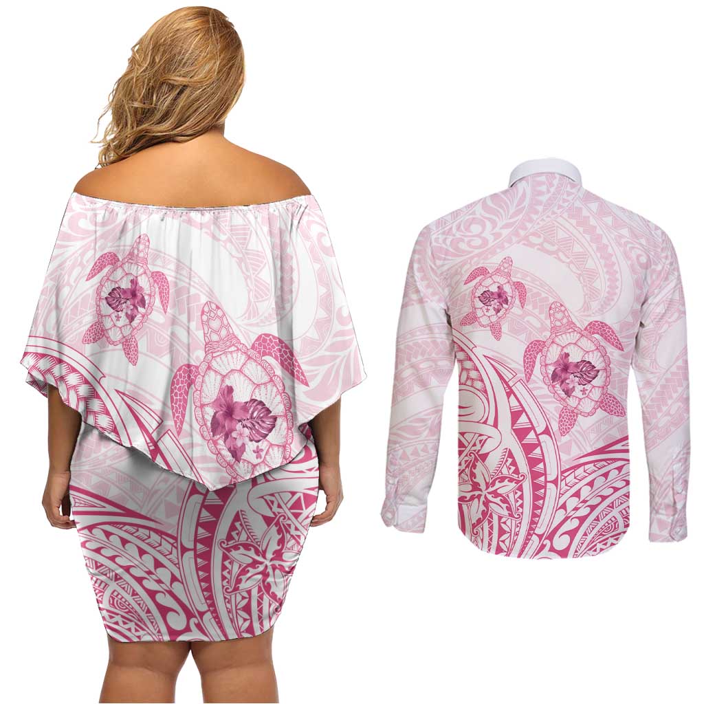 Pink White Polynesia Floral Sea Turtle Couples Matching Off Shoulder Short Dress and Long Sleeve Button Shirt - Polynesian Pride
