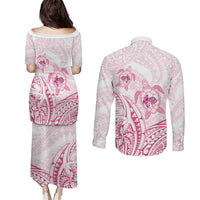 Pink White Polynesia Floral Sea Turtle Couples Matching Puletasi and Long Sleeve Button Shirt - Polynesian Pride