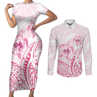 Pink White Polynesia Floral Sea Turtle Couples Matching Short Sleeve Bodycon Dress and Long Sleeve Button Shirt - Polynesian Pride